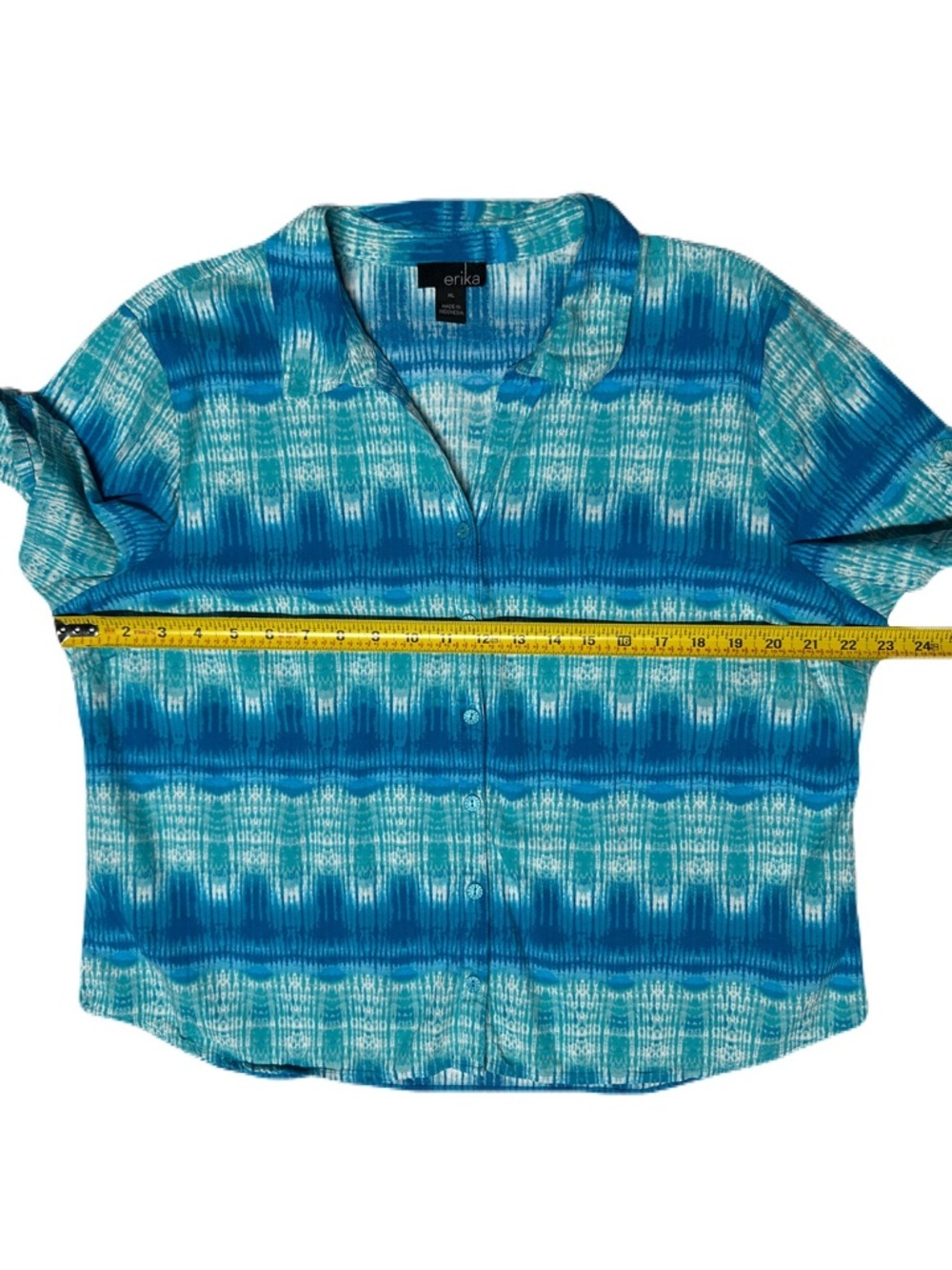 Erika Button Up Short Sleeve Blue Shirt Beach Boho Coastal Artsy Size XL - Picture 3 of 9